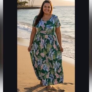 ✨ EGS- Exotic Floral Maxi Dress in Green- with Pink, Gray & Sage Colors- Sz 3X
